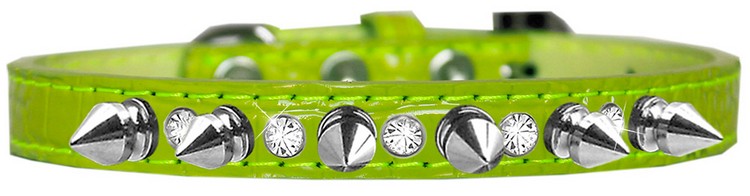 Silver Spike and Clear Jewel Croc Dog Collar Lime Green Size 16